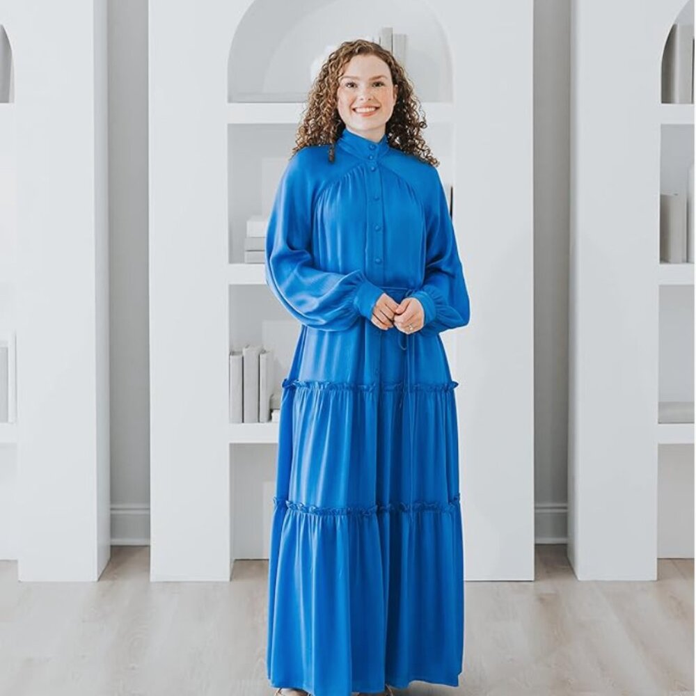 Women's Azure Blue Tie Waist Tiered Maxi Dress